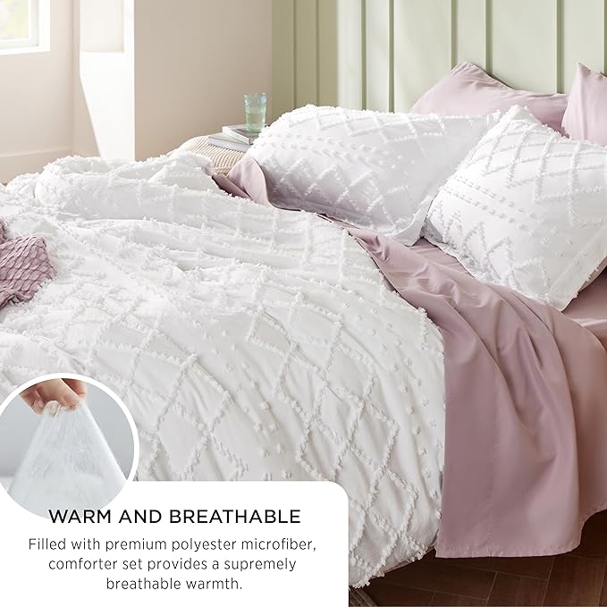 Bedsure Full Comforter Set - Dusty Blue Comforter, Boho Tufted Shabby Chic Bedding for Kids, 3 Pieces Vintage Farmhouse Bed Set for All Seasons, Fluffy Soft Bedding with 2 Pillow Shams