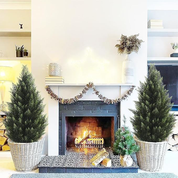 3FT Artificial Topiary Tree Realistic Faux Cedar Pines Christmas Trees UV Rated Fake Shrubs for Front Porch Faux Plants Indoor and Outdoor Decor (2 Pack)