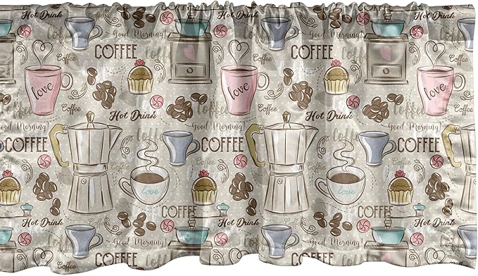 Ambesonne Modern Window Valance Pack of 2, Coffee Time Vintage Espresso Machine Cupcakes Beans Design, Rod Pocket Curtain Valances for Kitchen Bedroom, 42" X 12", Pale Pink Beige