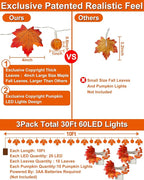 3 Pack Thanksgiving Decorations Fall Garland with Pumpkin Lights & Enlarged Maple Fall String Lights Pumpkin Decor, 30Ft 60LED Waterproof Battery Operated Christmas Fall Thanksgiving Decor for Home