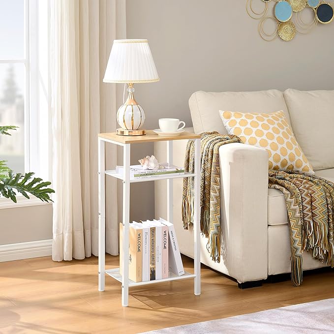 Hoctieon 2-Set 3 Tier End Table, Telephone Table Set of 2, Tall Side Table with Storage Set of 2, Small Nightstand for Small Spaces, Metal Frame, White and Yellow Oak