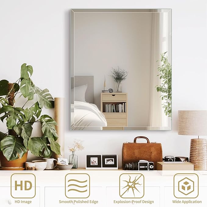 30"x36" Frameless Rectangle Wall Mirror with 1 inch Beveled Edge for Bathroom Vanity