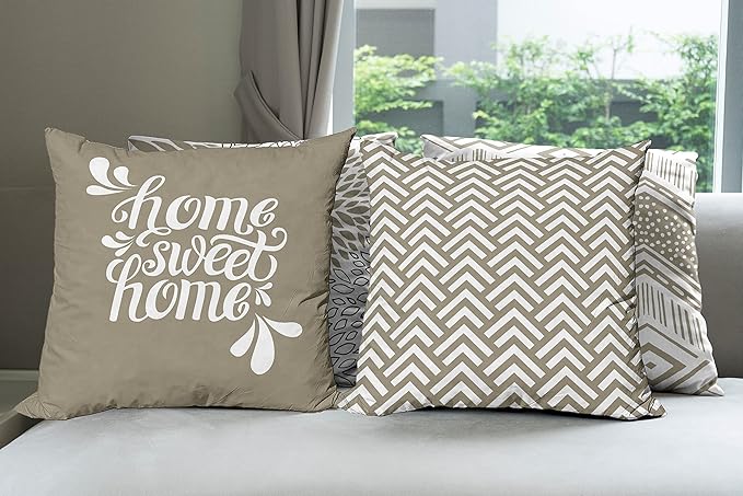 Ambesonne Geometric Throw Pillow Cushion Case Pack of 4, Home Phrase Minimal Zigzag Squama Dahlia Flowers Chevron Tribal, Modern Accent Double-Sided Digital Printing, 18", Cocoa White Charcoal Grey