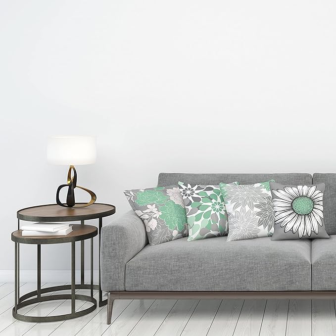 Ambesonne Floral Throw Pillow Cushion Case Pack of 4, Flower Petals Modern Color Palette Chamomile Peony Dahlia and Sunflower Print, Modern Accent Double-Sided Digital Printing, 24", Sea Green Grey
