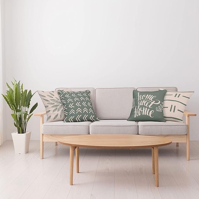 Ambesonne Modern Throw Pillow Cushion Case Pack of 4, Scandinavian Minimal Ornaments Boho Feather Leaves and Home Phrase, Modern Accent Double-Sided Digital Printing, 20", Pale Tan and Reseda Green