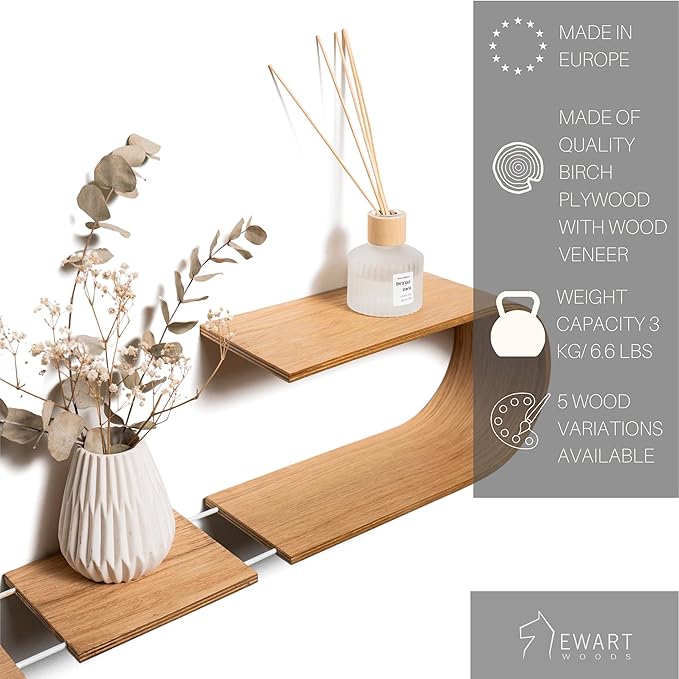 EWART WOODS Floating Wall Mounted Oval Shelf from Wood, Decorative Geometric Wooden Shelves for Candles, Unique Oak Hanging Display Decor (Oak)