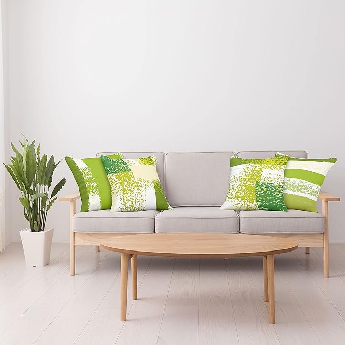 Ambesonne Grunge Throw Pillow Cushion Case Pack of 4, Abstract Design Simplistic Minimal Stripes Brushstrokes Contemporary, Modern Accent Double-Sided Digital Printing, 18", Lime Green Cream and White