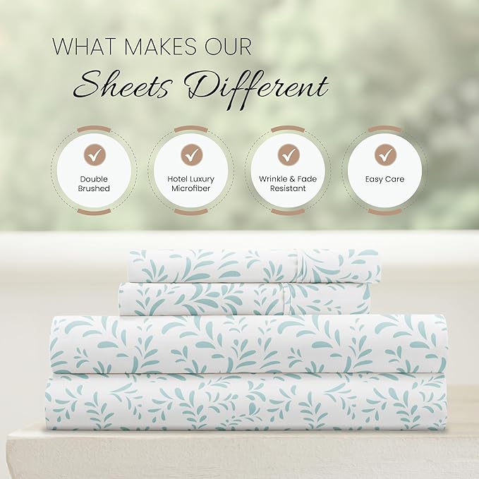 Linen Market Double-Brushed Patterned Microfiber Queen Sheet Set 4 Piece – Oeko-TEX Certified Ultra Soft & Wrinkle-Free - 16" Deep Pocket Sheets - Easy Care Queen Size - Burst of Vines Light Blue