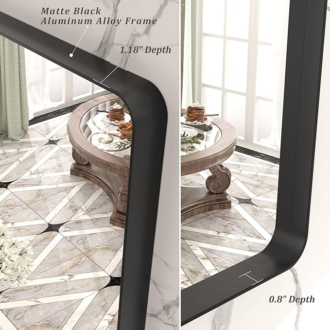 30x36 Black Matte Bathroom Mirror, Rectangle Framed Vanity Mirror for Wall, Rounded Corner, Anti-Rust, Shatterproof (Horizontally/Vertically)