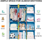 MAGINELS Kids Closet,Baby Wardrobe Closet with Door,Cute Portable Armoire Dresser,Clothes Hanging Storage Rack for Boy Bedroom,Blue,12 Cube(14x14inch)
