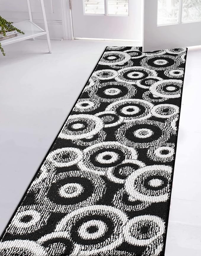 Custom Length Cut to Size Modern Farmhouse Carpet Runner Rug for Hallways, Non Slip Rubber Backed, 31 inch Wide X Customized Length, Geo Black, 31 inch X 7 feet