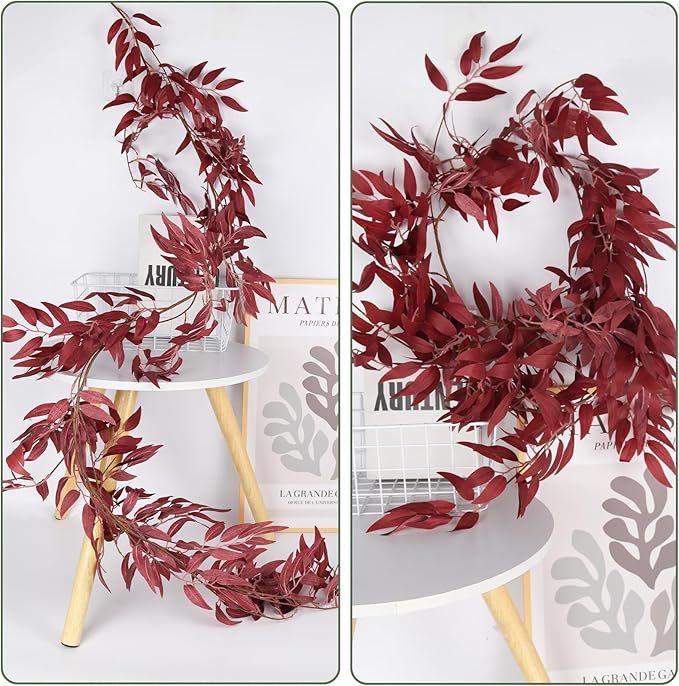 RECUTMS Artificial Hanging Willow Leaves Vine Twigs 2Pcs 5.7Ft Fake Silk Burgundy Leaf Ivy Fall Garland Faux Greenery Indoor Outdoor Valentines Day Wedding Birthday Christmas Thanksgiving Party Decor