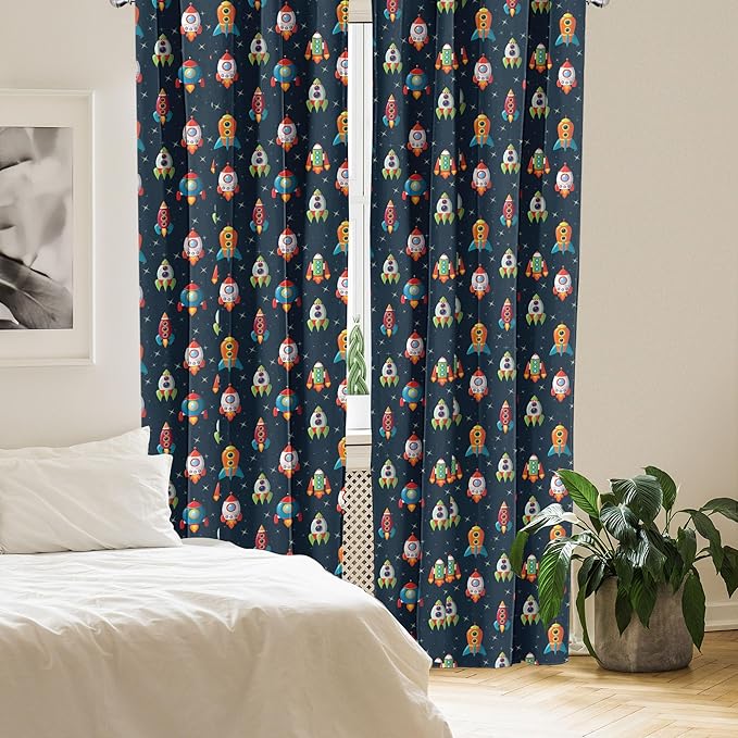 Ambesonne Spaceship Window Curtains, Cartoon Style Space Crafts Flying Through Cosmos Stared Background Astronauts, Lightweight Decor 2-Panel Set with Rod Pocket, Pair of - 28" x 84", Multicolor