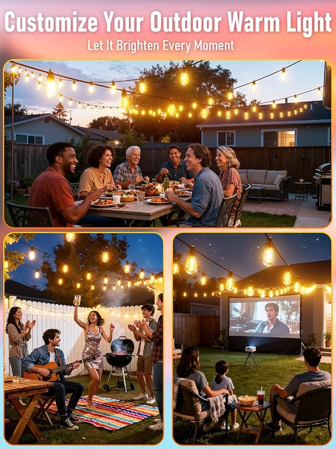 50FT LED Outdoor String Lights with 15 Edison Shatterproof IP65 Waterproof Bulbs, 2700K Dimmable Commercial Grade Patio Lights, Heavy Duty Outside Hanging Lights for Garden Porch Deck Decor