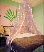 Eimilaly Two-Tone Bed Canopy Mosquito Net Pink Purple with 250pcs Warm White Lights, Bed Canopy for Girls Room Decor, Single Door