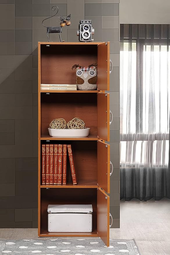 HODEDAH IMPORT 4-Shelf Bookcase Cabinet, Cherry