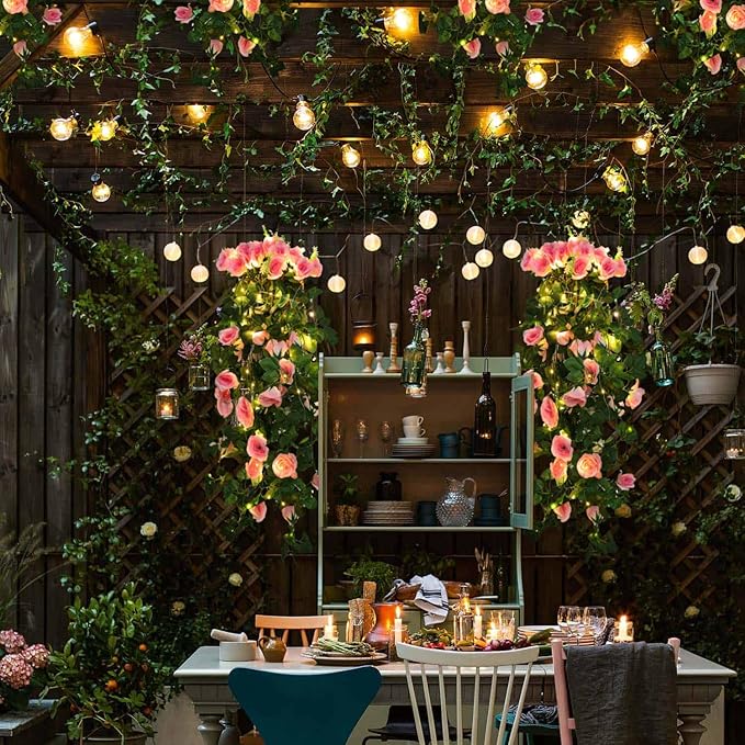 RECUTMS Artificial Hanging Rose Flower 4PCS Vine Plants with 30 LED Fairy String Lights Fake for Indoor Outside Garden Porch Farmhouse (Pink)