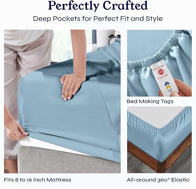 California Design Den Queen Sheet Set - Soft 400 Thread Count Sateen, Natural 100% Cotton Sheets for Queen Size Bed, Deep Pockets for a Snug Fit, Durable Bedding - Sky Blue