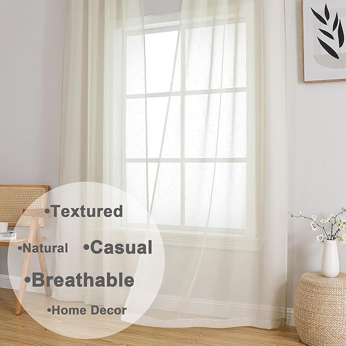 Aiyufeng Kirei Farmhouse Sheer Curtains Flax Textured for Living Room, Semi Sheer Vertical Drapes Privacy with Light Filter for Home Office/Farm House, W40 x L96, Linen, 1 Pair