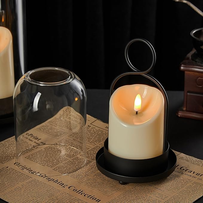 5"&4" Metal Candle Holder with Handmade Glass Dome in Brass & 2 Timer Candles, Set of 2 Versatile Hurricane Glass Candle Holders for Pillar Candles & Plants