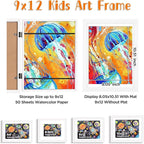 KINLINK 9x12 Kids Art Frames Set of 2, Solid Wood Kids Artwork Frames Changeable with Acrylic Front Opening Holds 150 Pictures, Art Frame for Kids Artwork with Mat or without Mat, White