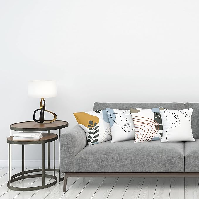 Ambesonne Minimal Throw Pillow Cushion Case Pack of 4, Modern Line Art Woman Portrait with Contemporary Leafy Geometric Details, Modern Accent Double-Sided Digital Printing, 20", Baby Blue Taupe Amber