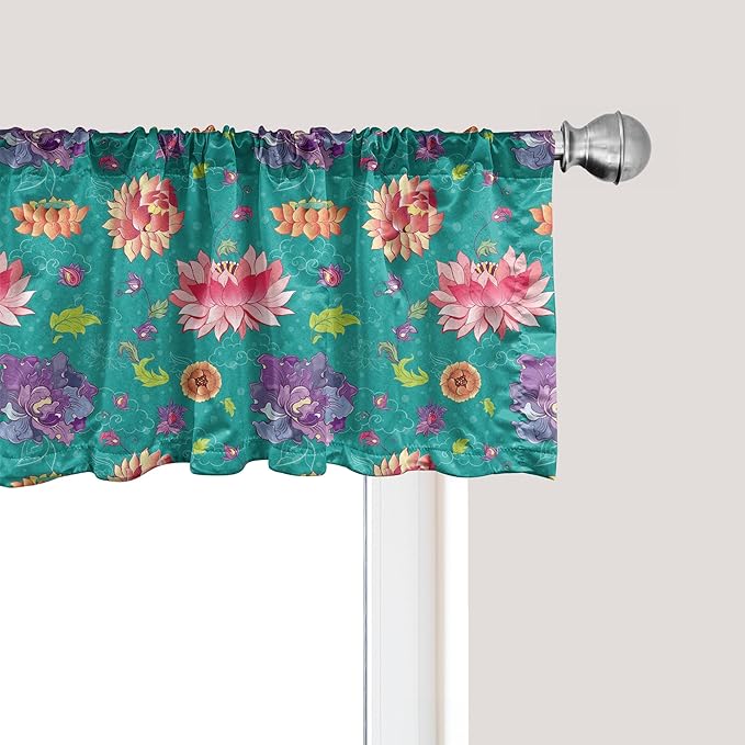 Ambesonne Floral Window Valance, Pattern with Lotus Flowers Peonies and Chrysanthemums Oriental Motifs Garden Art, Curtain Valance for Kitchen Bedroom Decor with Rod Pocket, 54" X 12", Teal
