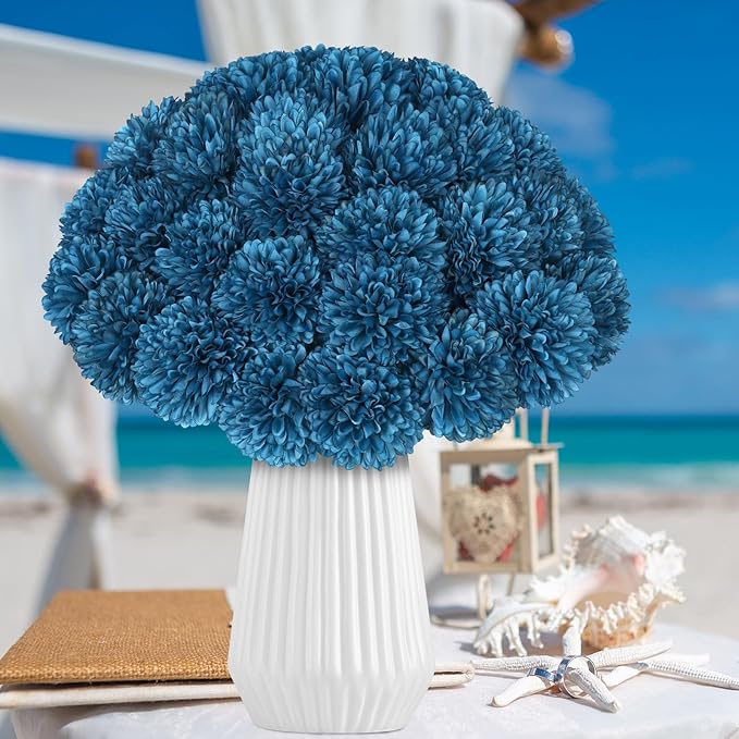 36 Pcs Artificial Chrysanthemums Flowers Silk Teal Ball Flower Fake Mums Flowers for Christmas Wedding Floral Table Centerpiece Home Decor