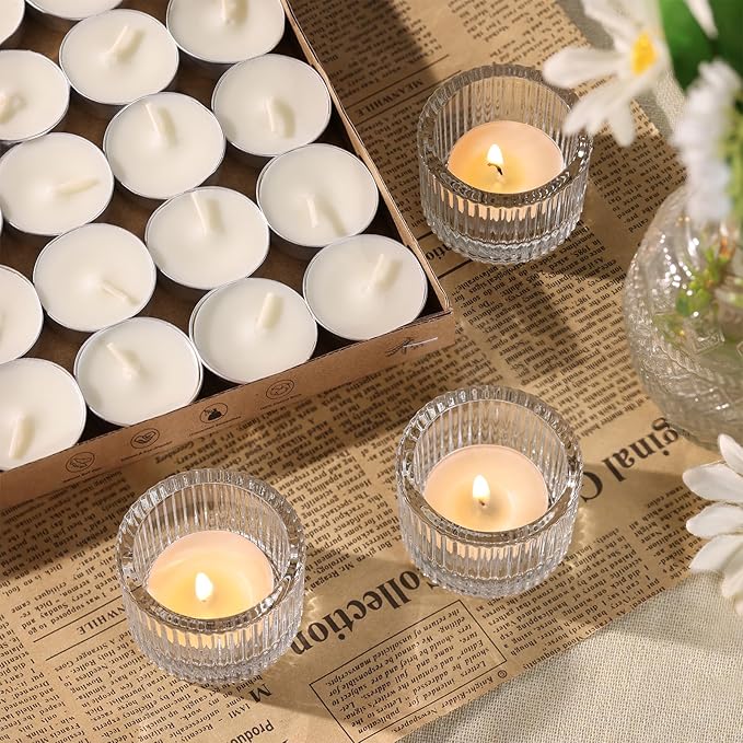 30Pcs Clear Tealight Candle Holder with 32pcs Tea Light Candles, Ribbed Votive Candle Holders Glass for Table Centerpiece, Wedding Decor, Home and Holiday Decor