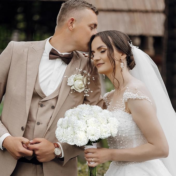 36 Pcs White Artificial Flowers Faux Ball Chrysanthemum Bouquet Silk Flowers Bridal Wedding Bouquet for Home Garden Party Office Coffee House Decoration (White)