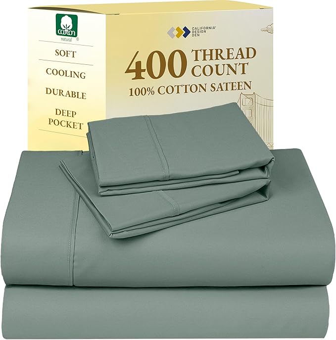 California Design Den Queen Sheet Set - Soft 400 Thread Count Sateen, Natural 100% Cotton Sheets, Deep Pockets with All Around Elastic for a Snug Fit, Cool & Durable Bedding Set - Sage Green