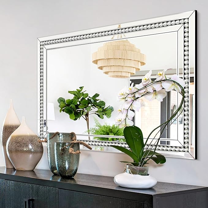 32" X 47" Large Wall Mirror for Decor Living Room, Rectangular Crystal Mirror with Glass Tiles Frame, Unique Horizontally/Vertically Hang for Living Room, Bathroom, Entrance Decor