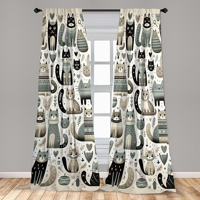Ambesonne Cats Window Curtains Pack of 2, Modern Scandinavian Inspired Innocent Kitten Pattern with Leafy Details, Lightweight Set with Rod Pocket, 4 Panels of - 28" x 84", Pale Teal Pale Khaki Grey