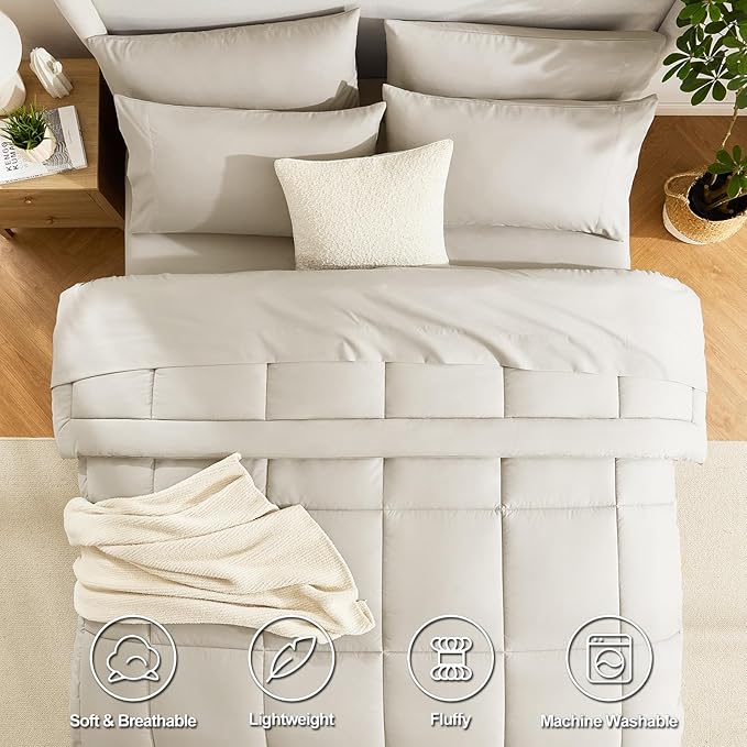 CozyLux Oversized Queen Comforter Sets Beige, 7 Pieces Bed in a Bag, Ultra-Soft All Season Bedding Sets with Stitch Quilted Comforter, Flat Sheet, Fitted Sheet, Pillowcases, Beige