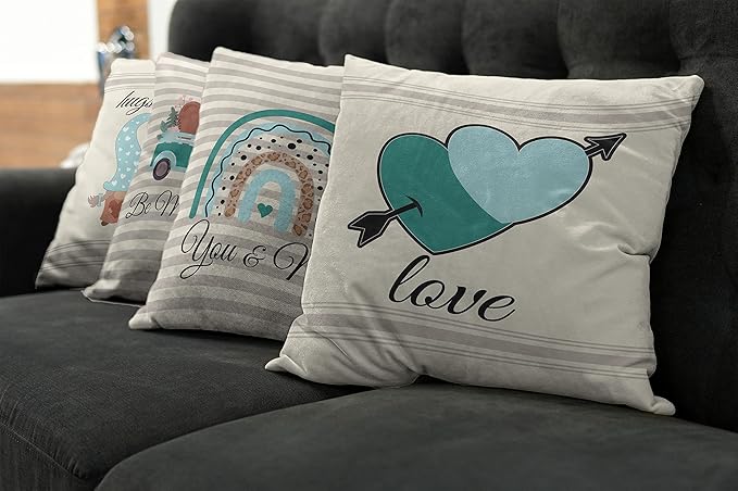 Ambesonne Romantic Throw Pillow Cushion Case Pack of 4, Love Hearts Arrow You and Me Be My Valentine Hugs Kisses Lettering, Modern Accent Double-Sided Digital Printing, 18", Teal Ivory Pale Eggshell
