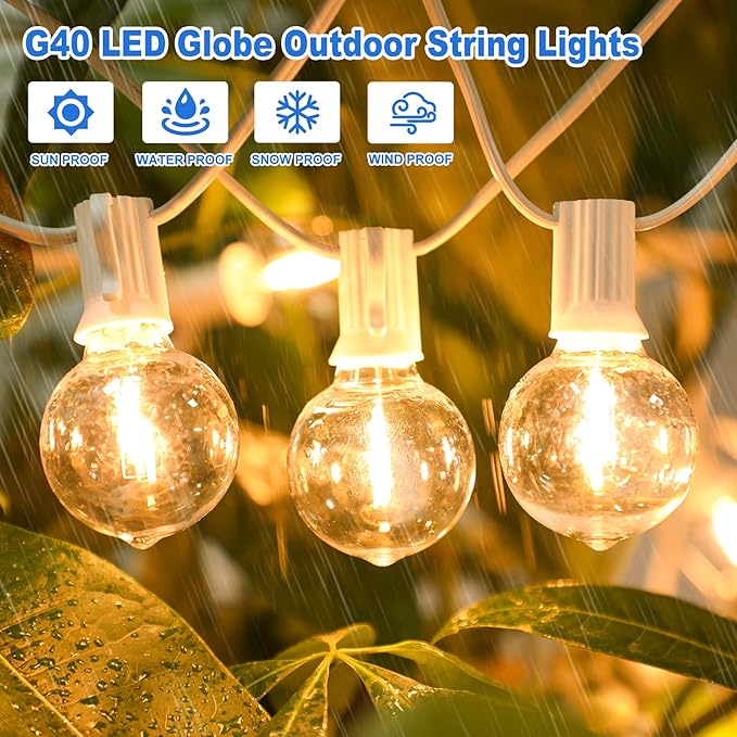 Bosceos Outdoor G40 LED Globe String Lights 25FT Dimmable Shatterproof Waterproof Patio Lights with 12+2 Bulbs Connectable Commercial Hanging Light for Patio Balcony Backyard Party (White Wire)
