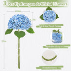 3 Pcs Real Touch Hydrangea Artificial Flowers, 21" Blue Full Faux Hydrangea Flowers Latex Fake Flowers for Home Decor Party Floral Arrangements Wedding Bouquets Centerpieces Outdoor Decor