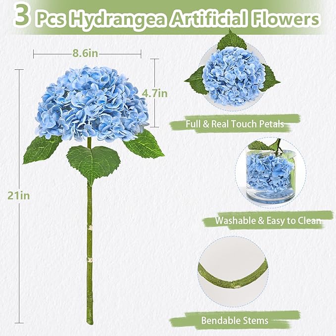 3 Pcs Real Touch Hydrangea Artificial Flowers, 21" Blue Full Faux Hydrangea Flowers Latex Fake Flowers for Home Decor Party Floral Arrangements Wedding Bouquets Centerpieces Outdoor Decor