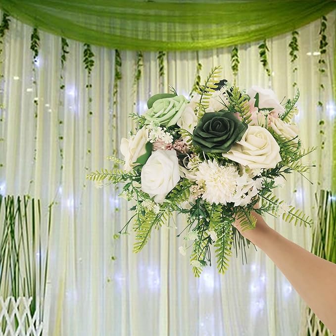 Artificial Fake Flowers 25pcs Roses, Shade of Light Green Foam Rose Faux Flower for DIY Wedding Bouquets Bridal Shower Centerpieces Floral Arrangements Party Tables Home Decorations