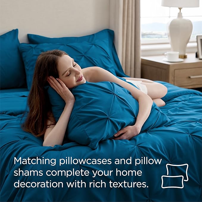 Bedsure King Size Comforter Set Teal - Bed in a Bag Bedding Set 7 Pieces, GentleSoft™ Pintuck Bed Set Gift for Family, Pinch Pleat Teal Comforter with Sheets, Pillowcases & Shams