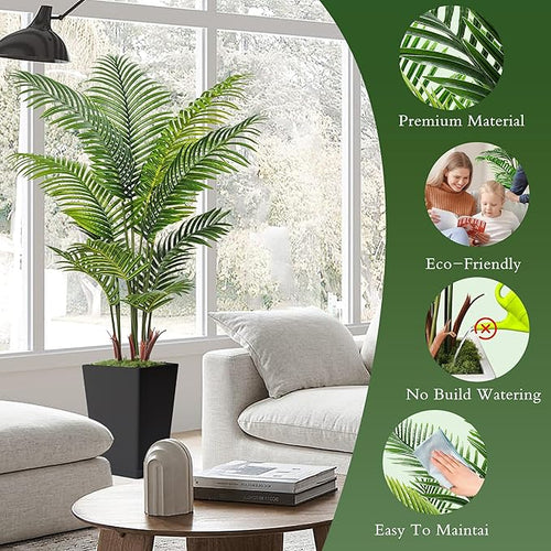 6FT Artificial Palm Tree, Tall Faux Palm Tree Indoor with Black Fake Plants Tall, Artificial Plants with Lifelike Leaves for Home Office Decor (Black)