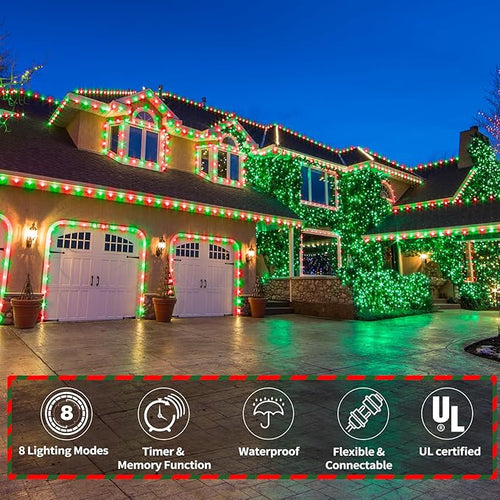 150ft LED Rope Lights Outdoor, 1080 LED Connectable and Flexible Tube Lights with 8 Modes, Waterproof LED Rope Lighting for Garden Patio Pool Bedroom PartyIndoor Outdoor Christmas Decor (Red & Green)