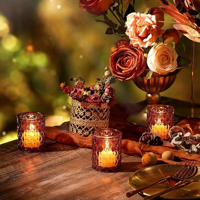 36 Pack Amber Votive Candle Holders, Glass Tea Lights Candle Holder for Boho Wedding Decor,Amber Candle Holders for Home Decor Gift Fall Wedding Christmas, Thanksgiving Party Table