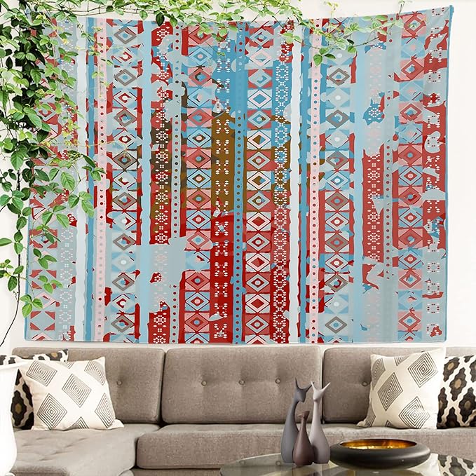 Batmerry Blue Grey Boho Garbage Tapestry, Red Wall Art Hanging Decoration Polyester Fiber White Ruffled Around for Dorm Room Bedroom Living Room, 59.1x82.7 inches