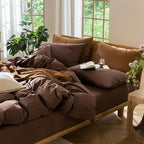 MooMee Bedding Duvet Cover Set 100% Washed Cotton Linen Like Textured Breathable Durable Soft Comfy (Solid Cocoa Brown, Twin 68"x90")