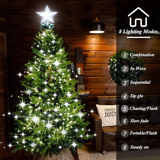 aneeway Christmas Tree Lights with Star Toppers, 410 LED Christmas Lights with 8 Modes & Memory Function, 6.6FT x 16 String Lights with Remote Control & Timing for Xmas Ornaments - Cold White