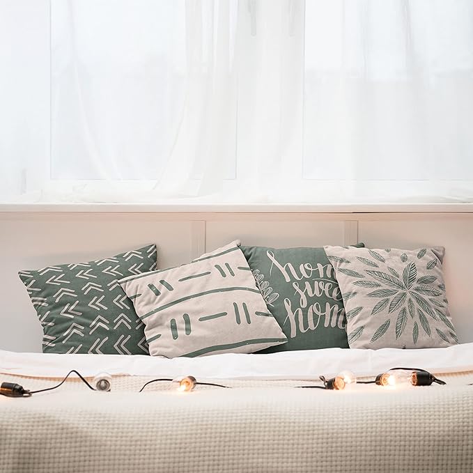 Ambesonne Modern Throw Pillow Cushion Case Pack of 4, Scandinavian Minimal Ornaments Boho Feather Leaves and Home Phrase, Modern Accent Double-Sided Digital Printing, 20", Pale Tan and Reseda Green