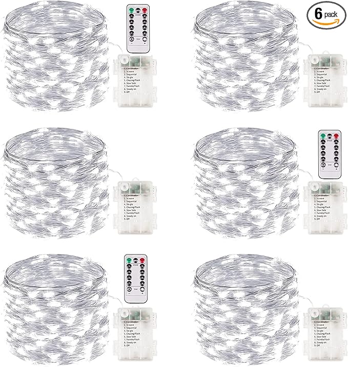 6 Pack 100 LED Fairy Lights Battery Operated with Remote, 33FT Waterproof Twinkle Lights with Timer & 8 Modes, Fairy String Light Outdoor Indoor for Bedroom Classroom DIY Christmas Decor (Cool White)