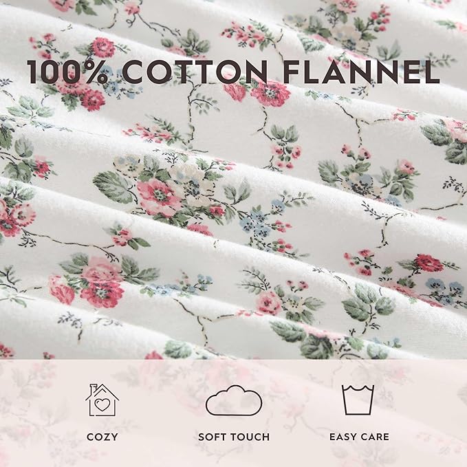 Laura Ashley - Flannel Sheets King Size, Anti-Pilling & Wrinkle Resistant Cotton, Touchably Soft for All-Season Comfort - Bed Sheets with Matching Pillowcases & Fitted Sheet (Le Fleur Pink)