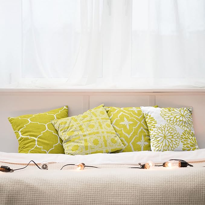 Ambesonne Vintage Throw Pillow Cushion Case Pack of 4, Monochrome Design Grid Trellis Quatrefoil Mesh and Dahlia Flowers Modern Print, Modern Accent Double-Sided Digital Printing, 18", Yellow White